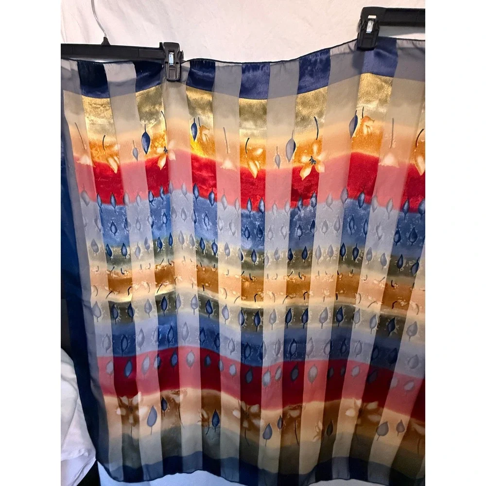 Floral Geometric Sheer Scarf Blue Red Gold Striped Lightweight Wrap Accessory